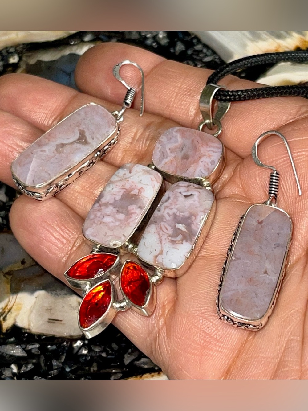Red Moss Agate Pendant & Earrings Set
